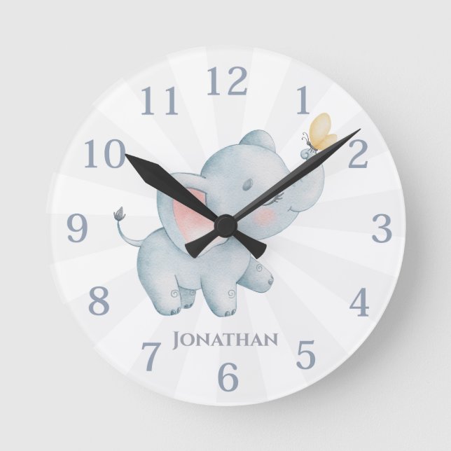 Personalisierter Elephant-Kinderzimmer Runde Wanduhr (Vorderseite)