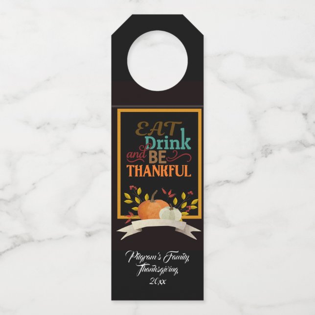 Personalisierter Erntedank "Essen Sie Drink & Sei  Flaschenanhänger (Vorderseite)