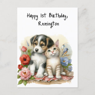 Personalisierter erster Geburtstag für Welpen und Postkarte