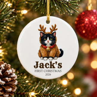 personalisierter erster Weihnachts-Rentier-Tuxedo- Keramik Ornament
