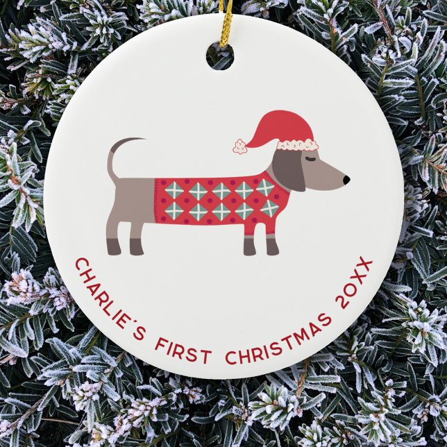 Personalisierter Erster Weihnachtshund Keramik Ornament (Dachshund dog personalized name first 1st Christmas ceramic ornament)