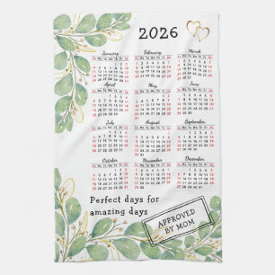 Personalisierter Eukalyptus 2026 Kalender Geschirrtuch