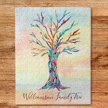 Personalisierter Familienbaum Puzzle<br><div class="desc">Dieses moderne Puzzle ist mit einem farbenfrohen Familienbaum-Design auf Aquarellfarben dekoriert. Einfach mit Ihrem Familiennamen anpassbar. Weil wir unsere eigenen Kunstwerke erstellen,  werden Sie dieses exakte Bild von anderen Designern nicht finden. Original Mosaik und Wasserfarbe © Michele Davies.</div>