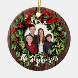 Personalisierter Familienfoto-Weihnachtskranz-Ande Keramik Ornament