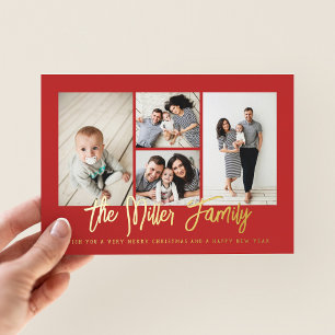 Personalisierter Familienname 4 FotoCollage Folien Feiertagskarte