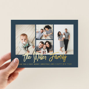 Personalisierter Familienname 4 FotoCollage Folien Feiertagskarte