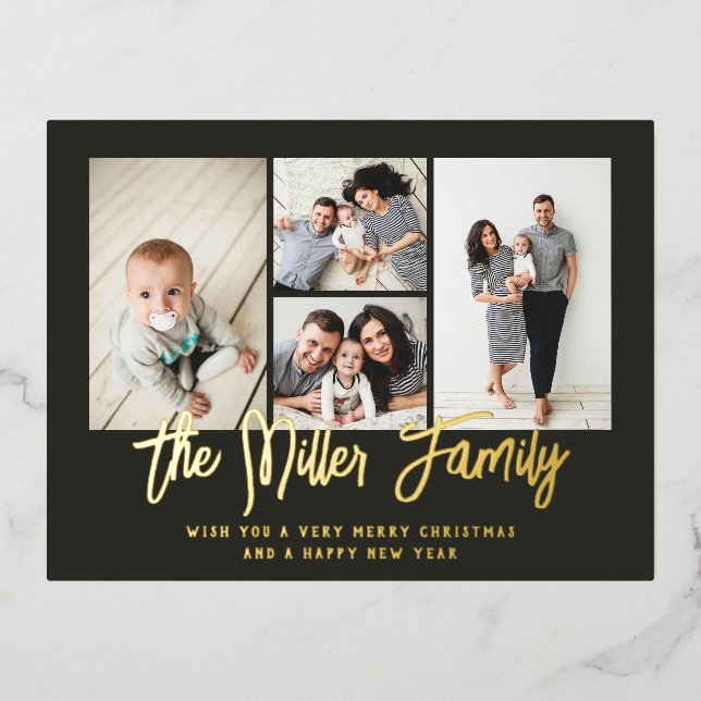 Personalisierter Familienname 4 FotoCollage Folien Feiertagspostkarte (Vorderseite)