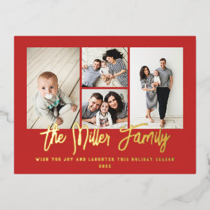 Personalisierter Familienname 4 FotoCollage Folien Feiertagspostkarte