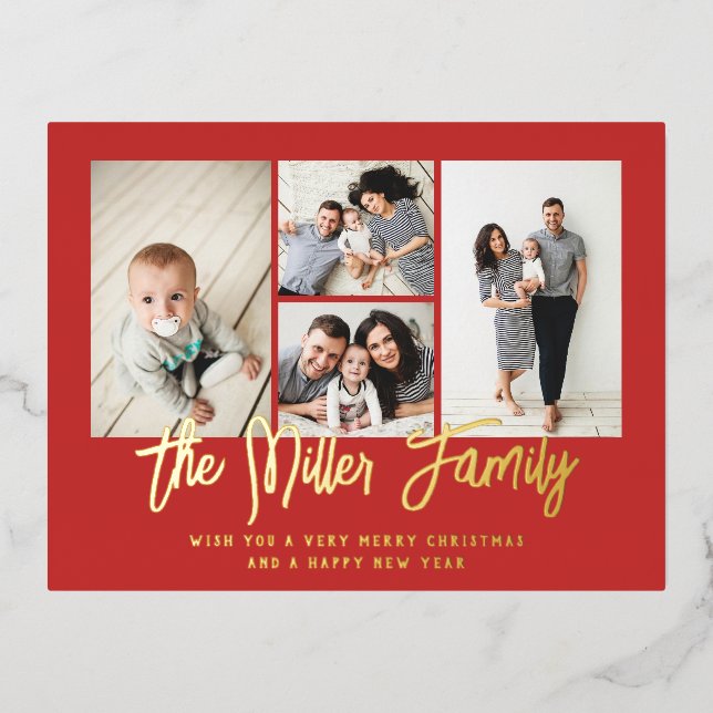 Personalisierter Familienname 4 FotoCollage Folien Feiertagspostkarte (Vorderseite)