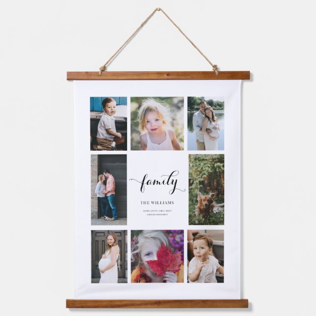 Personalisierter Familienname 8 FotoCollage Wandteppich Mit Holzrahmen (Vorderseite)