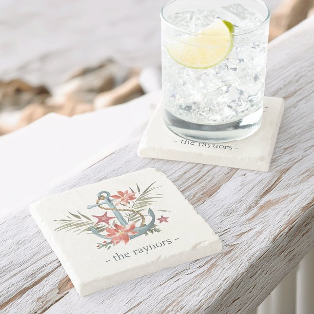 Personalisierter Familienname am Meer Steinuntersetzer (Von Creator hochgeladen)