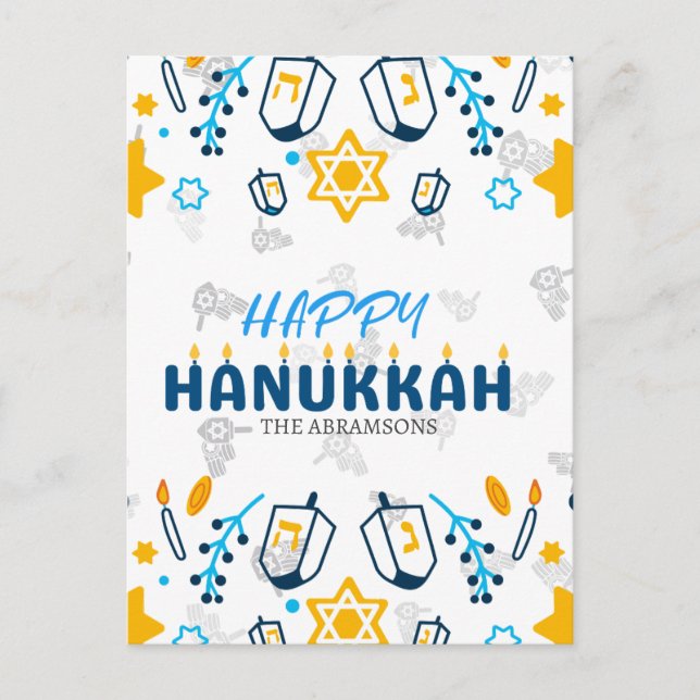 Personalisierter Familienname Happy Hanukkah Feiertagspostkarte (Vorderseite)