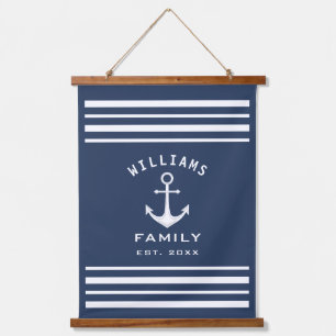 Personalisierter Familienname in Marineblau und We Wandteppich Mit Holzrahmen