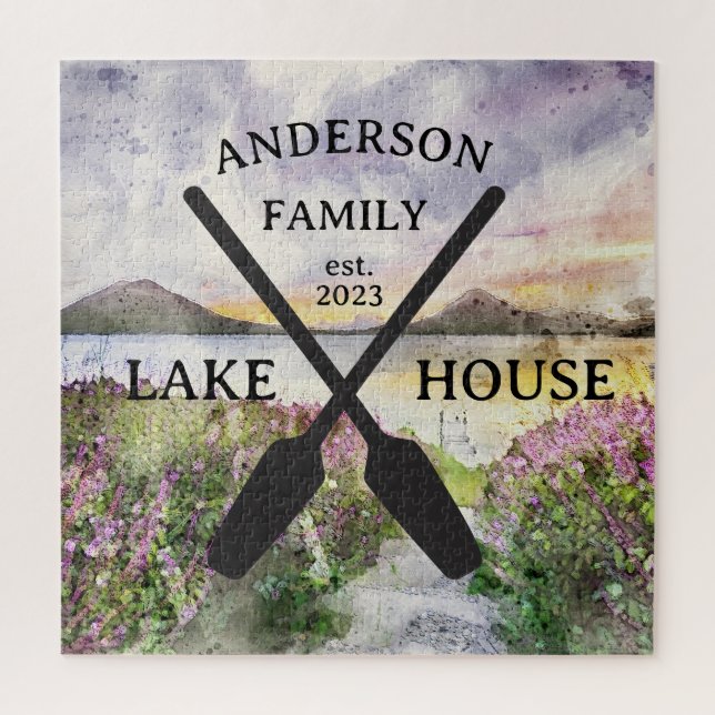 Personalisierter Familienname Lake House Puzzle (Vertikal)