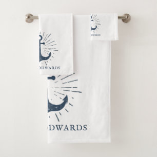Personalisierter Familienname Nautical Navy Blue A Badhandtuch Set