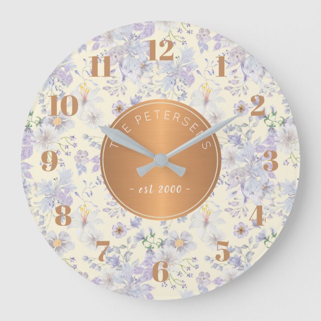 Personalisierter Familienname Pastell Floral Kupfe Große Wanduhr (Vorderseite)