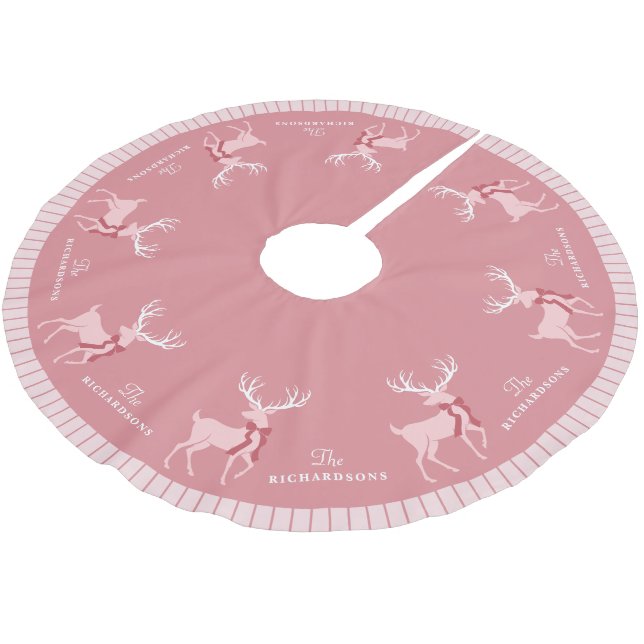 Personalisierter Familienname Pink Reindei Weihnac Polyester Weihnachtsbaumdecke (Schrägansicht)