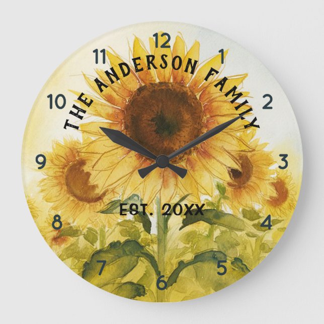 Personalisierter Familienname Sonnenblumenwasser Große Wanduhr (Vorderseite)