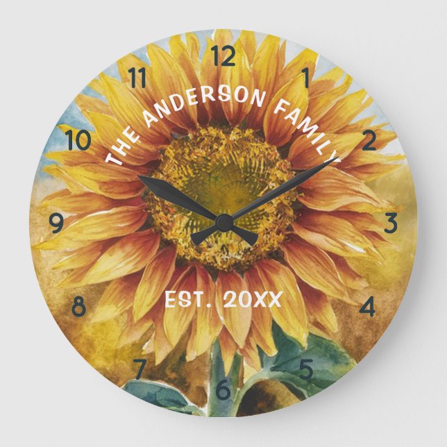 Personalisierter Familienname Sonnenblumenwasser Große Wanduhr (Vorderseite)