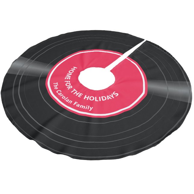 Personalisierter Familienname Vinyl Record Red Polyester Weihnachtsbaumdecke (Schrägansicht)