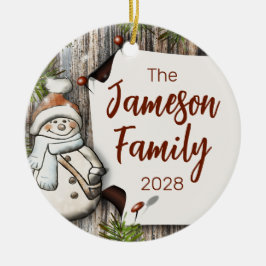 Personalisierter Familienname Weihnachtsschneemann Keramik Ornament