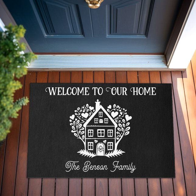 Personalisierter Familienname Willkommen auf unser Fußmatte (Personalized Family Name Welcome to our Home Door Doormat Black)
