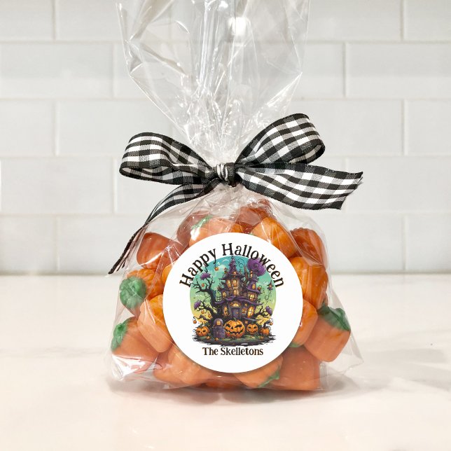 Personalisierter Familienzweig - Spuk Haus Runder Aufkleber (Personalized Family Halloween Candy Bag Sticker)