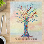 Personalisierter, farbenfroher Familienbaum Jigsaw Puzzle<br><div class="desc">Dieses stilvolle Puzzle aus Puzzle ist mit einem farbenfrohen Familienbaum-Design auf Aquarellfarben dekoriert. Einfach mit Ihrem Familiennamen anpassbar. Weil wir unsere eigenen Kunstwerke erstellen,  werden Sie dieses exakte Bild von anderen Designern nicht finden. Original Mosaik und Wasserfarbe © Michele Davies.</div>