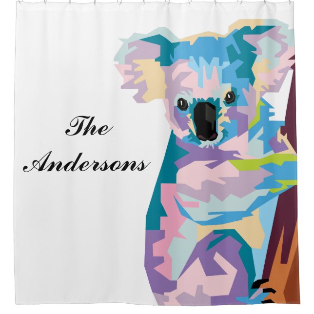 Personalisierter farbenfroher Pop Art Koala Duschvorhang (Vorderseite)