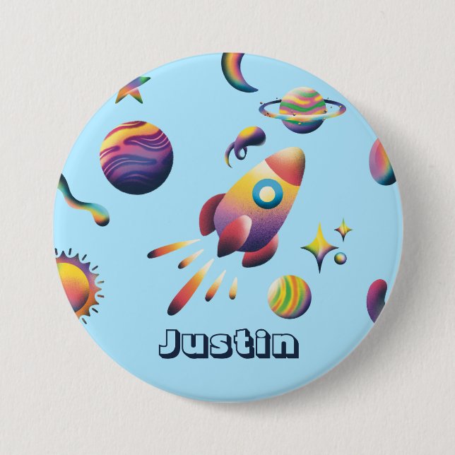 Personalisierter farbenfroher Weltraum-Planeten-Ru Button (Vorderseite)