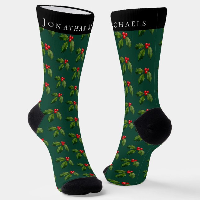 Personalisierter Feiertag Holly Berry Green Holida Socken (Gewinkelt)