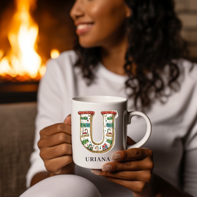 Personalisierter festlicher Weihnachtsmonogramm An Kaffeetasse (Personalized Festive Christmas Monogram Initial U Coffee Mug)