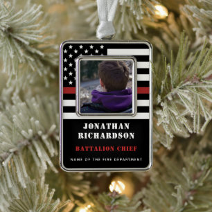 Personalisierter Feuerwehrmann - Foto der roten Li Rahmen-Ornament Silber