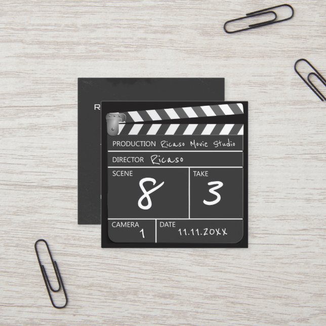 Personalisierter Film Clapperboard Quadratische Visitenkarte (Vorderseite/Rückseite Beispiel)