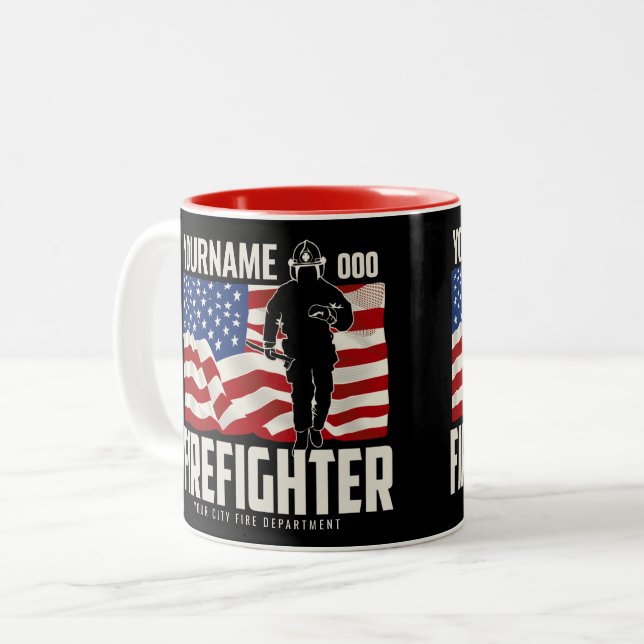 Personalisierter Firefighter Rescue USA Flag Patri Zweifarbige Tasse (Vorderseite Links)