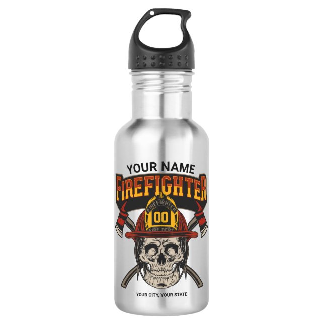 Personalisierter Fireman Skull Helm AX Firefighter Edelstahlflasche (Vorderseite)