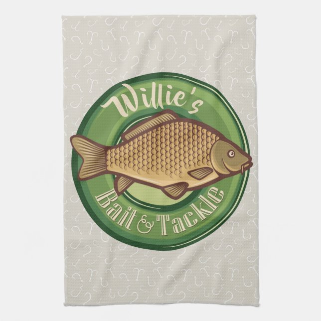 Personalisierter Fisch und Kackelladen Angelfänger Geschirrtuch (Vertikal)