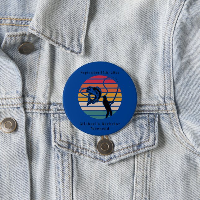 Personalisierter Fischfang Bachelor Weekend Button (Beispiel)