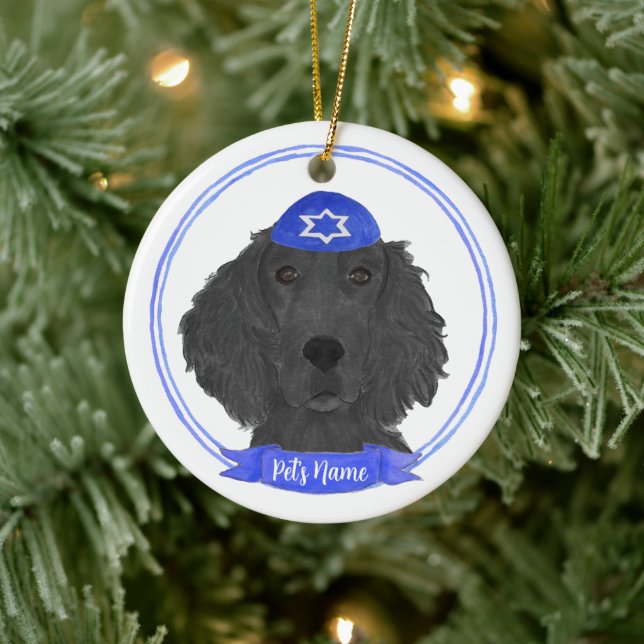 Personalisierter flacher Retriever Dog Hanukkah Keramik Ornament (Baum)