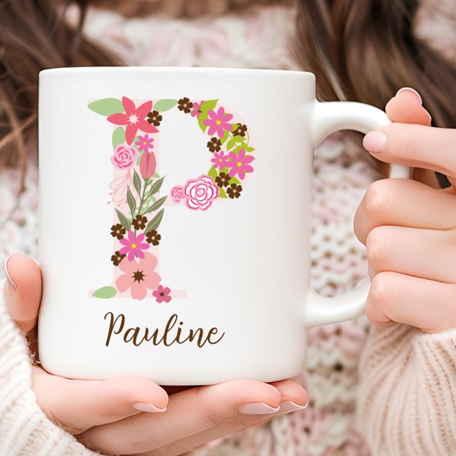 Personalisierter Floral Letter P Kaffeetasse (Personalized Monogram Floral Letter P Coffee Mug)