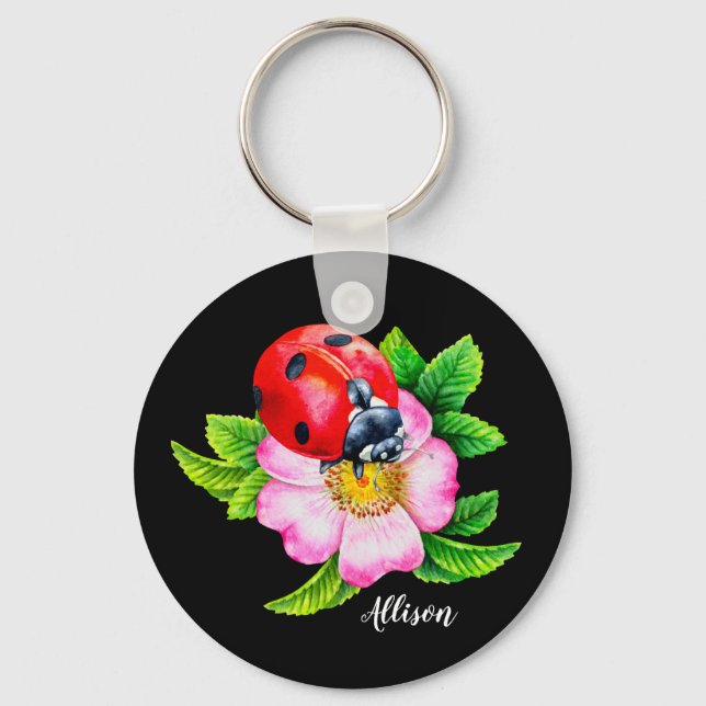 Personalisierter floraler Ladybug-Schlüsselanhänge Schlüsselanhänger (Vorderseite)