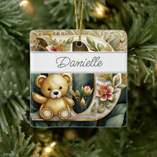 Personalisierter floraler Teddybär Buchstabe D Keramikornament