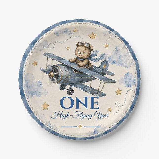 Personalisierter Flugzeug-Erster-Geburtstag-Papier Pappteller (Vorderseite)