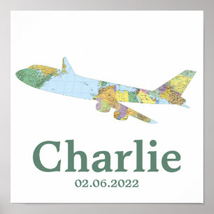 Personalisierter Flugzeug-Nursery-Schmuck mit Welt Poster