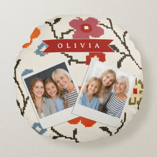 Personalisierter Folk Scandi Boho Vintage Floral Rundes Kissen