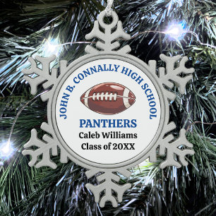 Personalisierter Footballspieler der Blue High Sch Schneeflocken Zinn-Ornament