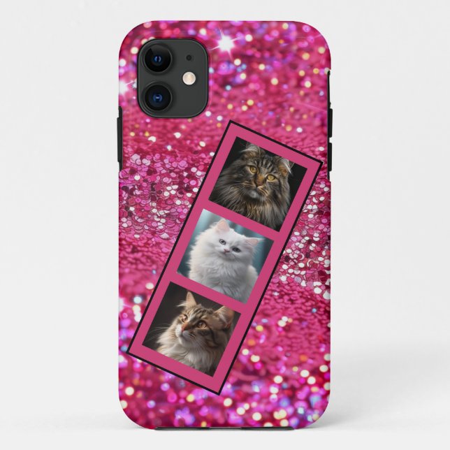Personalisierter Foto Collage Girly Pink Glitzer Case-Mate iPhone Hülle (Rückseite)