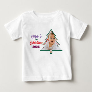 Personalisierter Foto-Olivias 1. Weihnachtsbaum Baby T-shirt