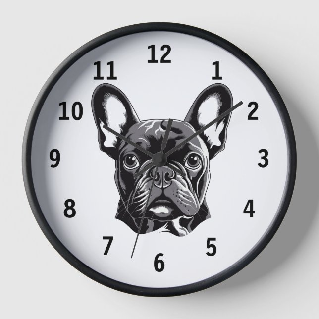 Personalisierter französischer Bulldog Black und W Uhr (Vorderseite)