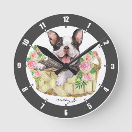 Personalisierter französischer Bulldog-Blumenkorb Runde Wanduhr